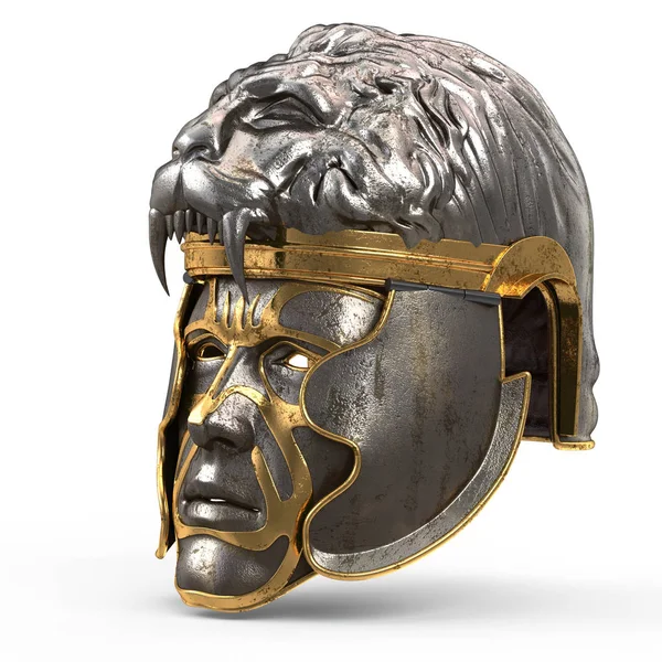 Casque médiéval fantaisie fermé avec masque de fer, et lion sur le dessus, sur fond blanc isolé. Illustration 3d — Photo