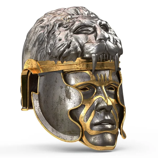 鉄仮面と分離の白い背景の上にライオンに中世ファンタジー ヘルメットが閉じられます。3 d イラストレーション — ストック写真