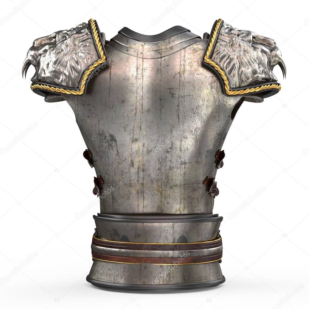 Medieval armor on the body in the style of a lion with large shoulder pads on an isolated white background. 3d illustration