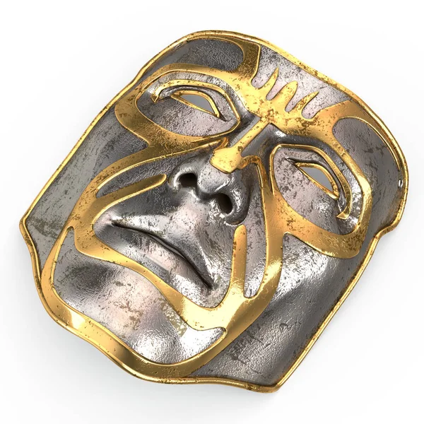Máscara de ferro no rosto, com inserções de ouro no fundo branco isolado. ilustração 3d — Fotografia de Stock