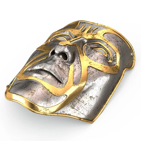 Máscara de hierro en la cara, con inserciones de oro sobre fondo blanco aislado. ilustración 3d — Foto de Stock