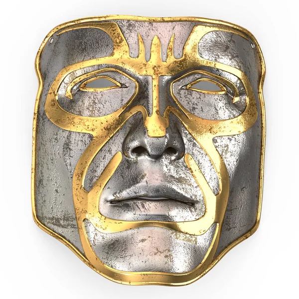 Máscara de hierro en la cara, con inserciones de oro sobre fondo blanco aislado. ilustración 3d — Foto de Stock