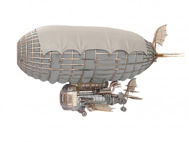 bir fantezi zeplin izole beyaz arka plan üzerinde steampunk tarzı 3D çizimi