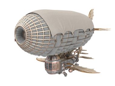 bir fantezi zeplin izole beyaz arka plan üzerinde steampunk tarzı 3D çizimi