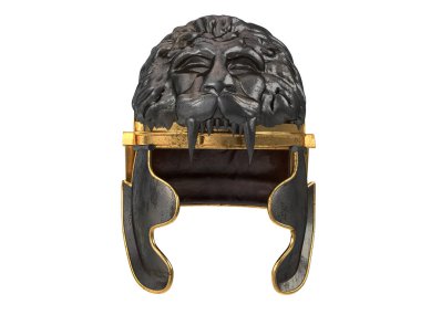 Aslan kafalı izole beyaz arka planda siyah metal kask. 3D çizim
