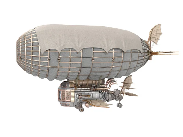 bir fantezi zeplin izole beyaz arka plan üzerinde steampunk tarzı 3D çizimi