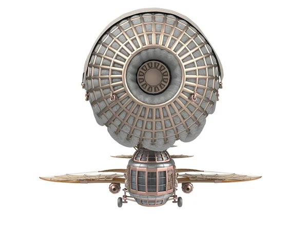 bir fantezi zeplin izole beyaz arka plan üzerinde steampunk tarzı 3D çizimi