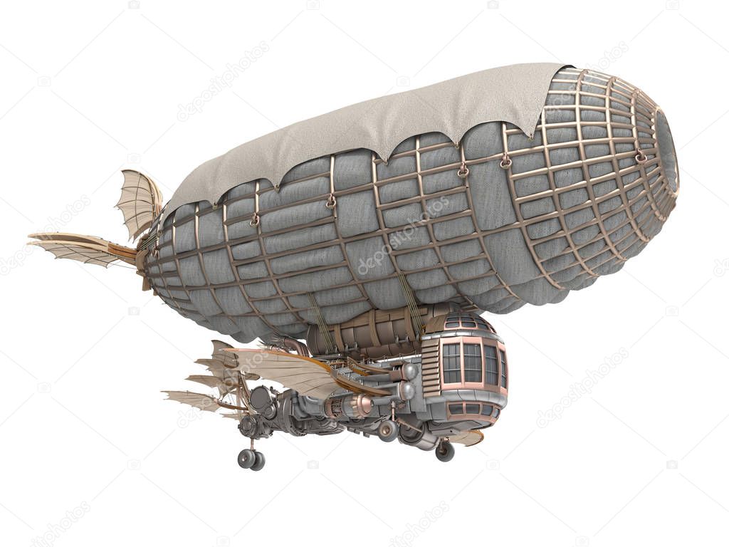 3d illustration of a fantasy airship in steampunk style on isolated white background