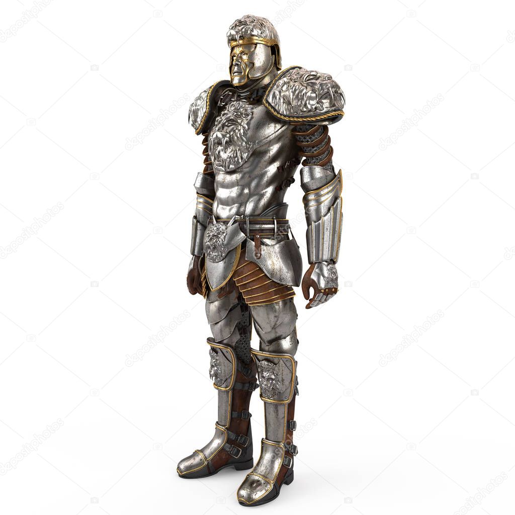 A lion full body armor suit isolated against white background. 3d illustration