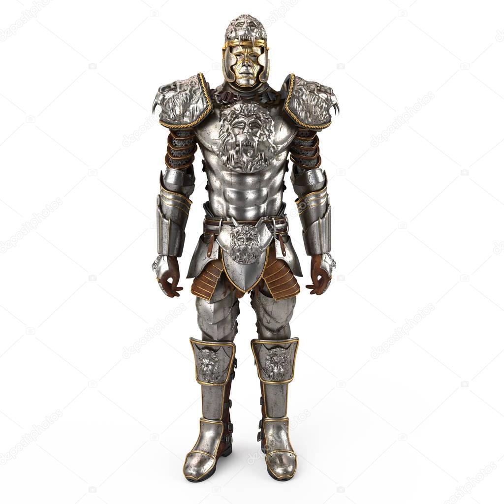 A lion full body armor suit isolated against white background. 3d illustration