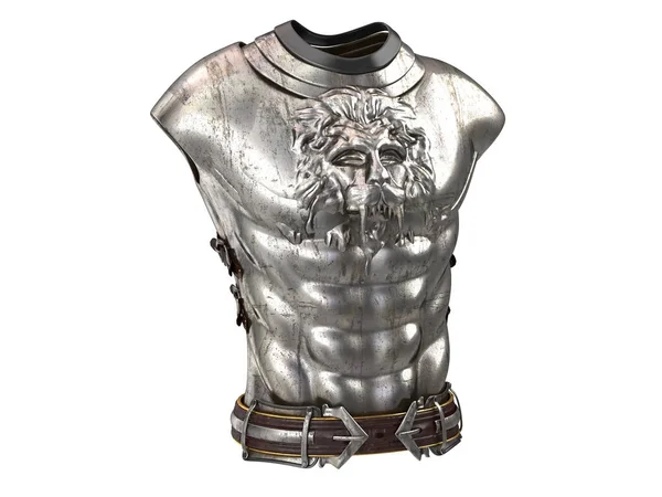 Armor abad pertengahan pada tubuh dengan gaya singa dengan bantalan bahu yang besar pada latar belakang putih yang terisolasi. Ilustrasi 3d — Stok Foto