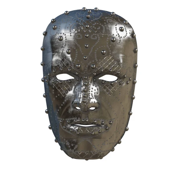 Máscara de fantasia de ferro no rosto com padrões em fundo branco isolado. ilustração 3d — Fotografia de Stock
