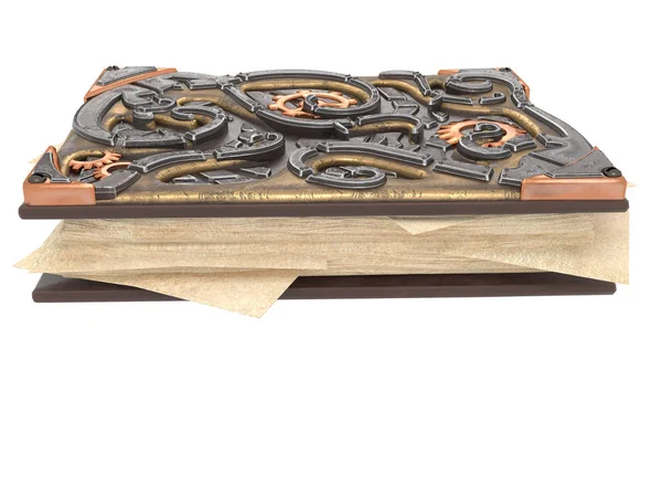 Libro steampunk cerrado con inscripciones de hierro sobre fondo blanco aislado .3d ilustración — Foto de Stock
