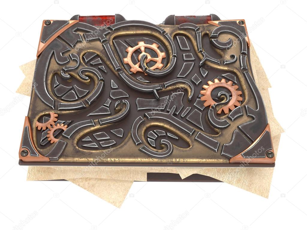 closed steampunk book with iron insets on isolated white background .3d illustration