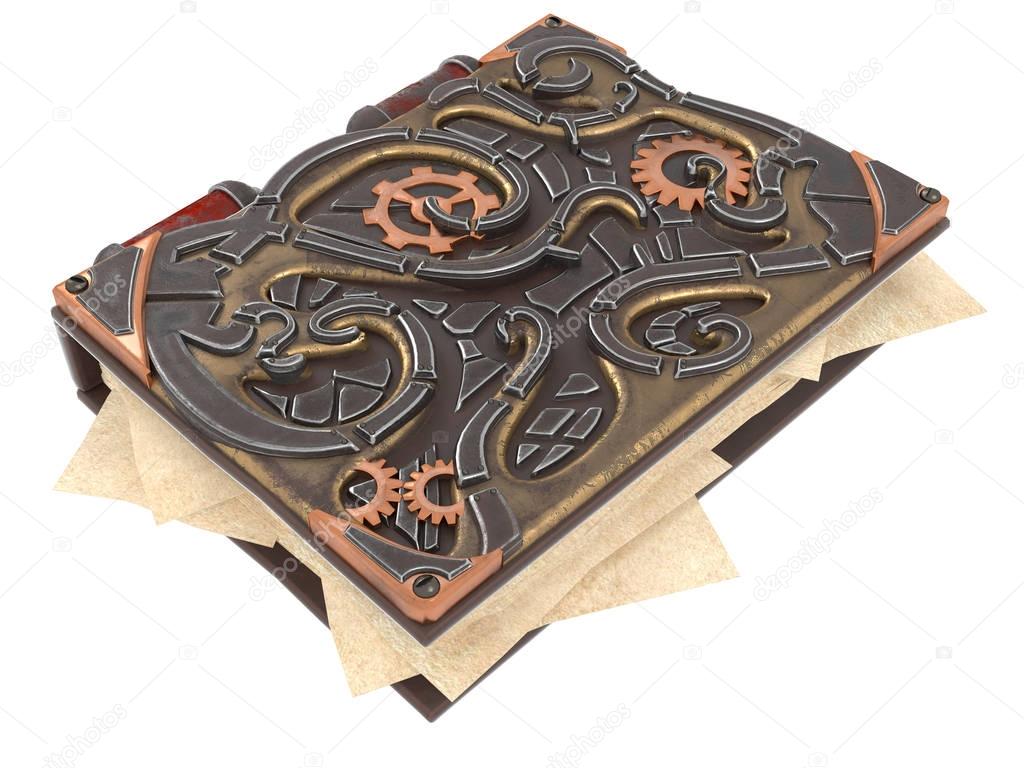 closed steampunk book with iron insets on isolated white background .3d illustration