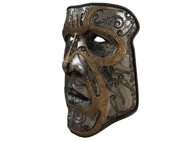 Železná maska s ornament a zlaté zkosené hrany na izolované bílém pozadí. 3D obrázek — Stock fotografie