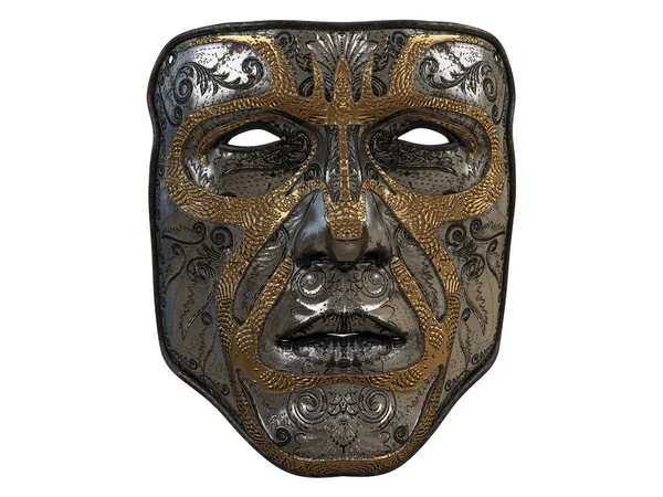 Maschera di ferro con ornamento e smussi in oro su uno sfondo bianco isolato. Illustrazione 3d — Foto Stock