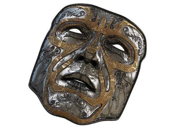 Maschera di ferro con ornamento e smussi in oro su uno sfondo bianco isolato. Illustrazione 3d — Foto Stock