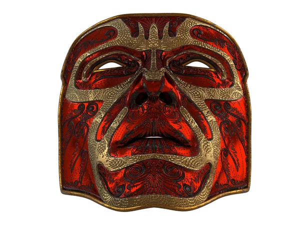 Máscara de ferro vermelho com ornamento e chanfros de ouro em um fundo branco isolado. ilustração 3d — Fotografia de Stock