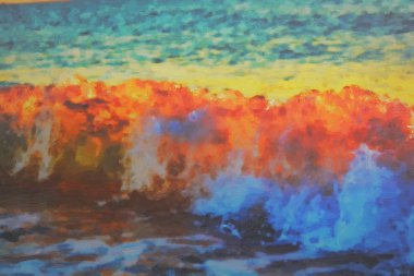 sea wave at sunset. oil painting drawn