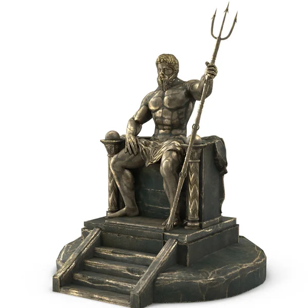 Statua in bronzo del dio greco Poseidone su uno sfondo bianco isolato. Illustrazione 3d — Foto Stock