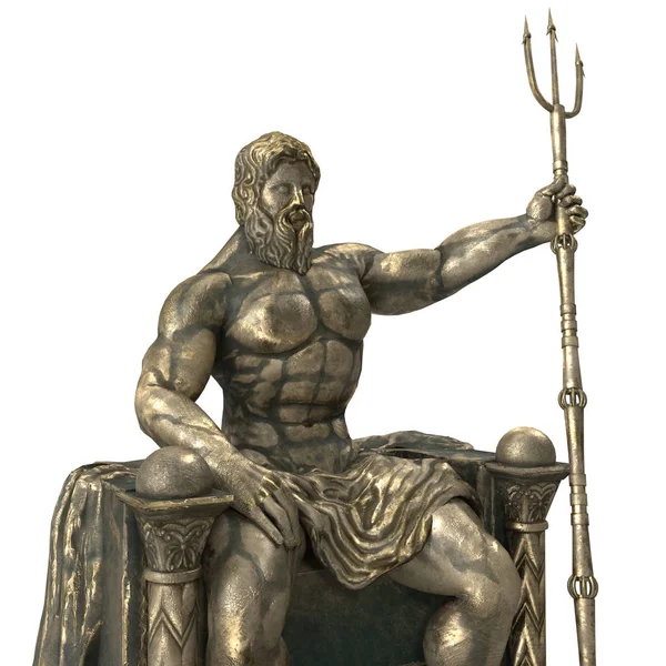 Bronzová socha řeckého boha Poseidona na izolovaném bílém pozadí. 3D ilustrace — Stock fotografie