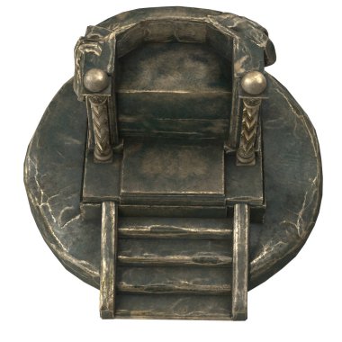 İzole edilmiş beyaz arka planda kolonları olan metal antik bir taht. 3d illüstrasyon