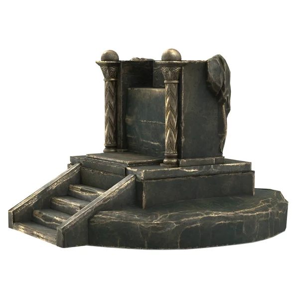 Металевий античний трон з колонами, на ізольованому білому тлі. 3d ілюстрація — стокове фото