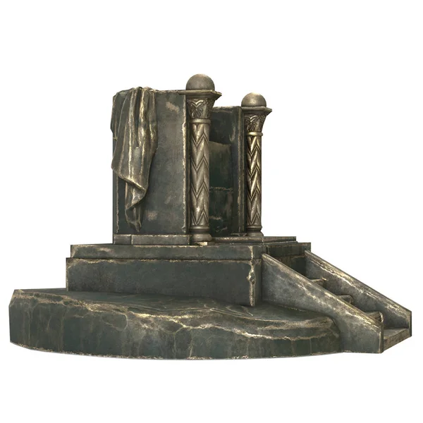 Металлический антикварный трон с колоннами, на изолированном белом фоне. 3d иллюстрация — стоковое фото