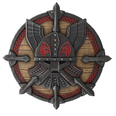 Fantezi yuvarlak viking ahşap kalkan izole beyaz bir arka plan üzerinde. 3d illüstrasyon