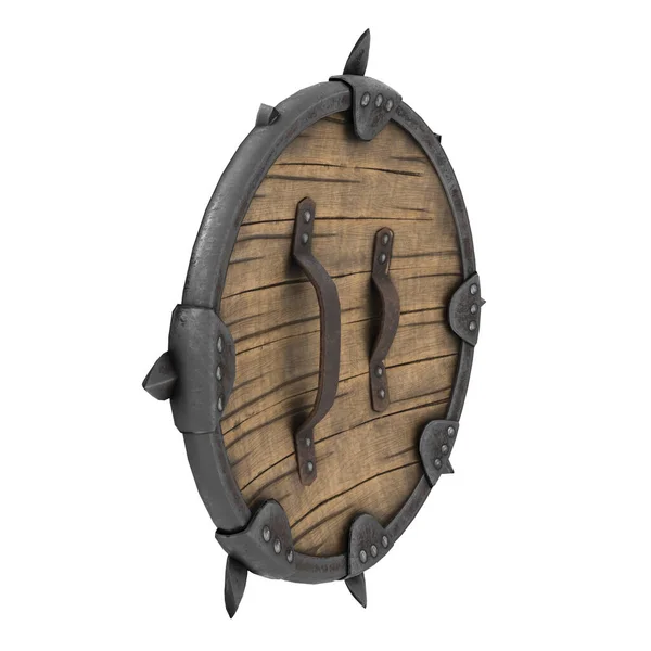 Fantasía redonda vikinga escudo de madera sobre un fondo blanco aislado. ilustración 3d — Foto de Stock