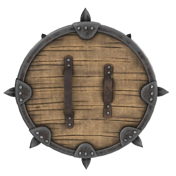 Fantasia redondo viking escudo de madeira sobre um fundo branco isolado. ilustração 3d — Fotografia de Stock