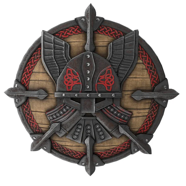 Fantezi yuvarlak viking ahşap kalkan izole beyaz bir arka plan üzerinde. 3d illüstrasyon