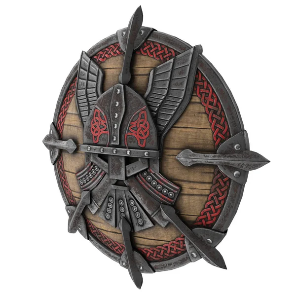 Fantasy round viking wooden shield on an isolated white background. 3d illustration — Stock Photo, Image