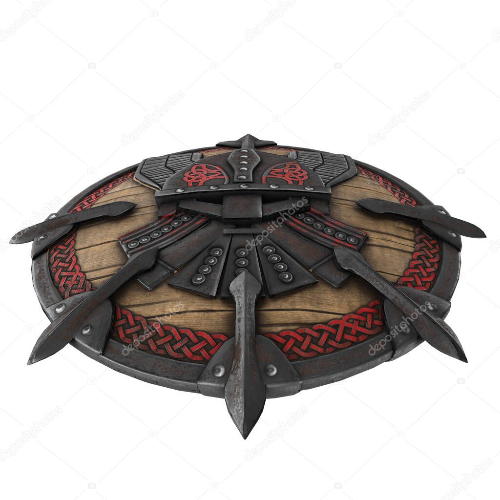 Fantasy round viking wooden shield on an isolated white background. 3d illustration