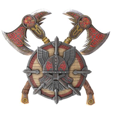 Viking battle ax and shield on an isolated white background. 3d illustration