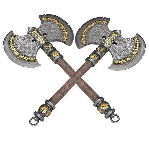 Fantasy iron ax on an isolated white background. 3d illustration — 图库照片