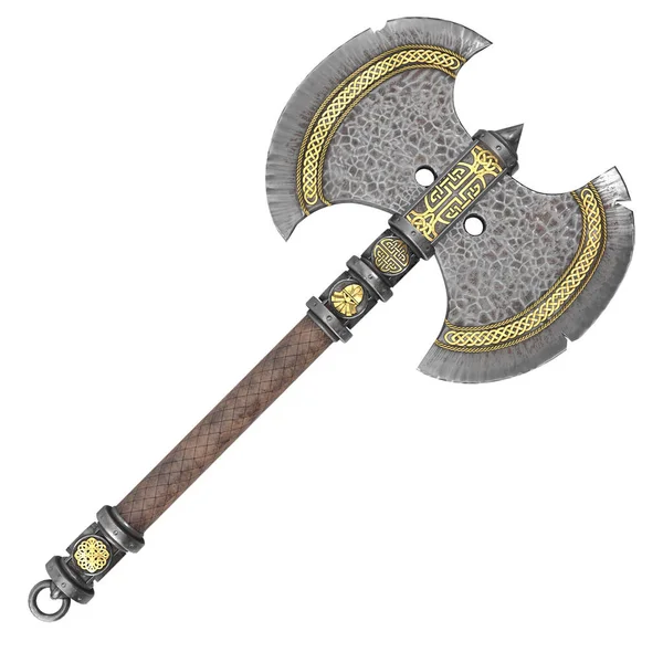 Fantasy iron ax on an isolated white background. 3d illustration — Stok fotoğraf