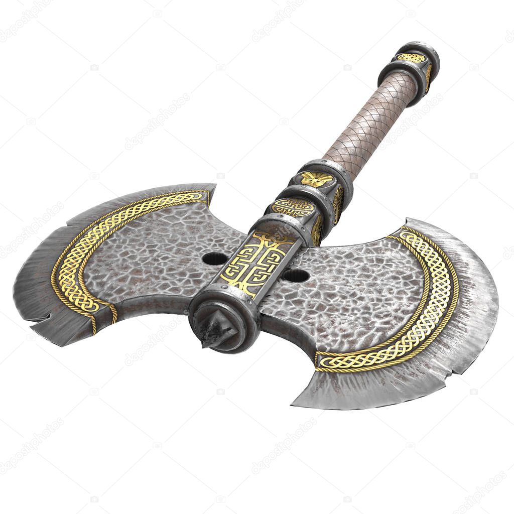 fantasy iron ax on an isolated white background. 3d illustration