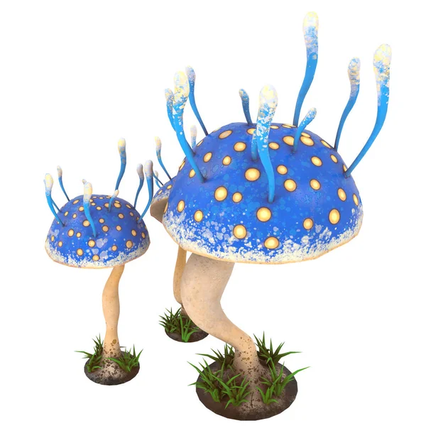 Champignons fantaisie dessin animé sur un fond blanc isolé. Illustration 3d — Photo