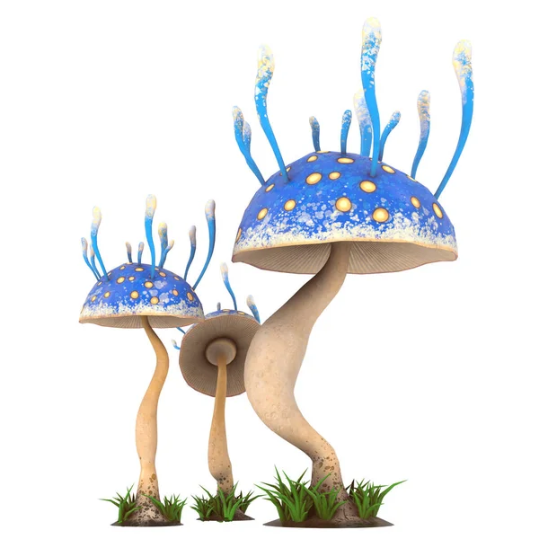 Фантастичні мультяшні гриби на ізольованому білому тлі. 3d ілюстрація — стокове фото