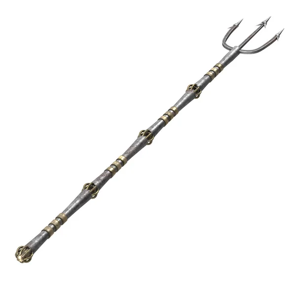 Long trident métallique sur fond blanc isolé. Illustration 3d — Photo