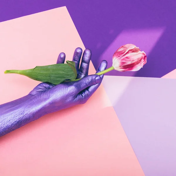 purple hand is holding tulip flower. ultra violet concept. minimal