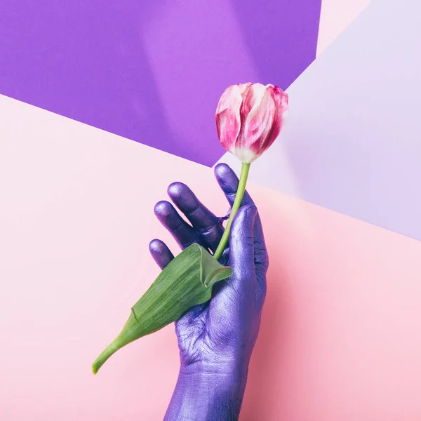 pearly purple hand is holding tulip flower. ultra violet concept. minimal