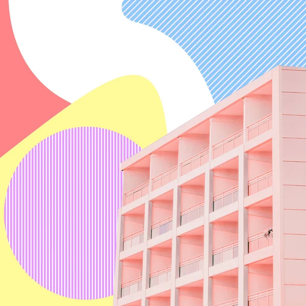 Part of soft pink summer beach hotel on psychedelic sky background in colorful geometry style. Travel concept. Surreal art collage