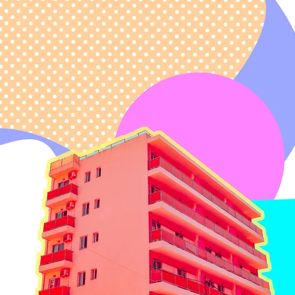 Orange summer beach hotel on psychedelic sky background in colorful geometry style. Travel concept. Surreal art collage