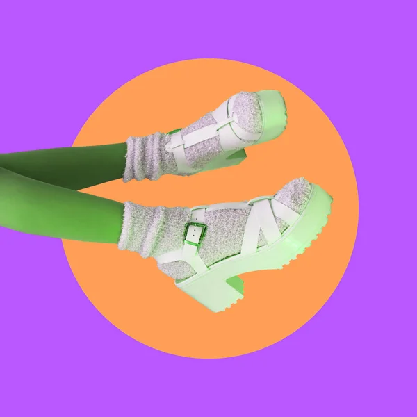 Funny collage of female legs in socks and high heel shoes with platform on neon background. Zine culture. Surreal concept