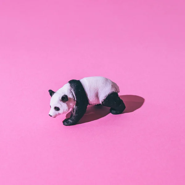 Miniature plastic panda on bright pink background. Minimal art with strong shadow. Wildlife concept.