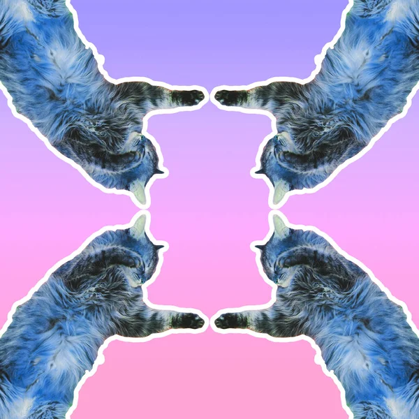 Creative art collage. Four carved blue cats reach out to touch each other. Gradient background. Alien concept of friendship.