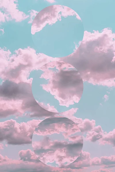 Aesthetic art collage with beautiful turquoise sky with pink clouds and three mirror reflections in circle frames. Minimal creative concept of angel paradise